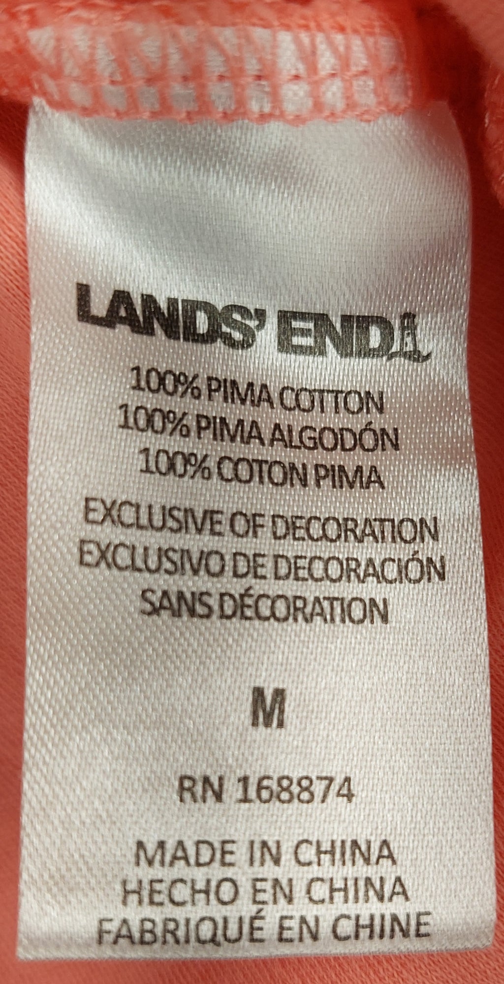 9-44 Lands' End Women's Medium Coral Pima Cotton 3/4 Sleeve Boat Neck Top