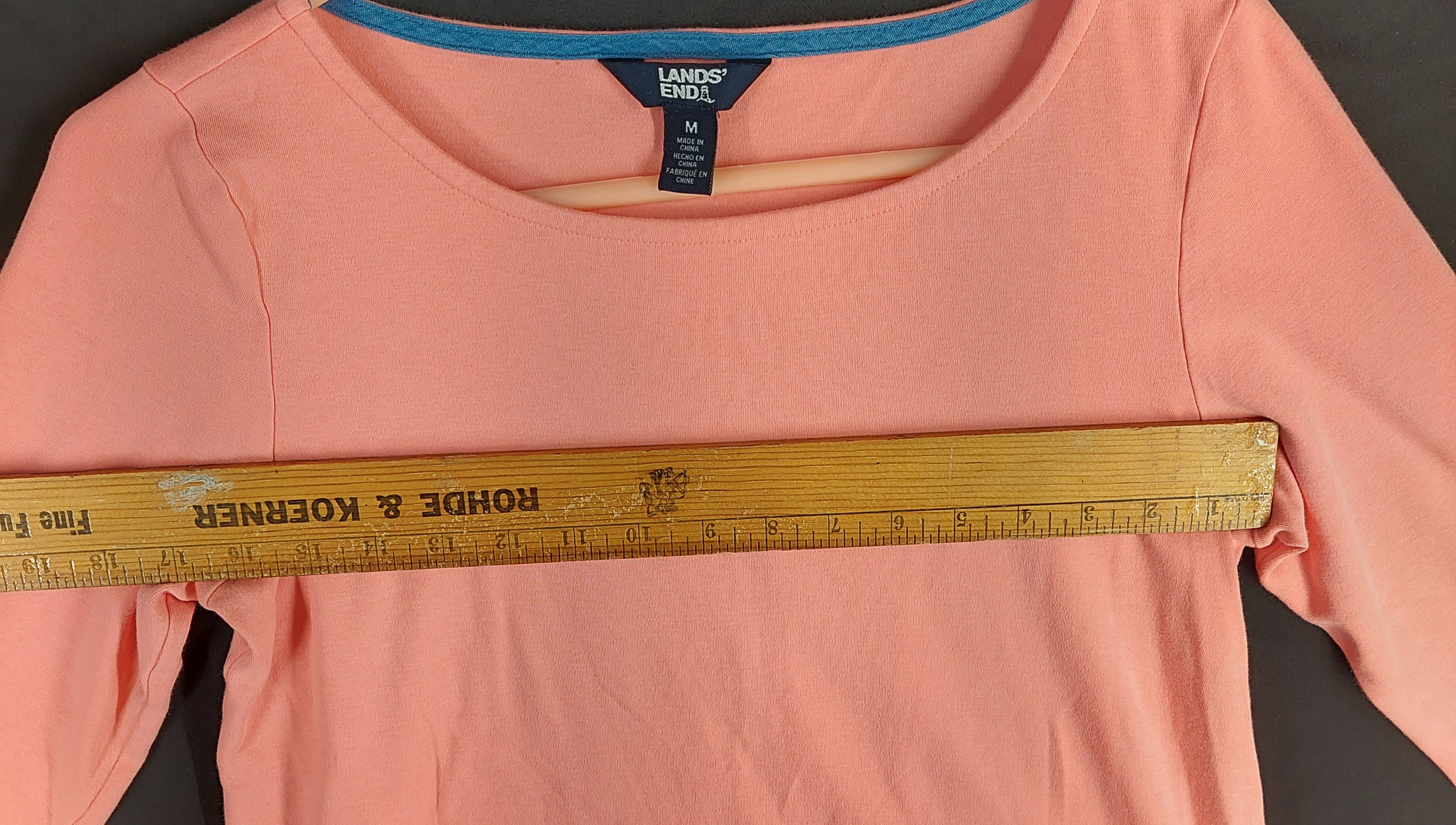 9-44 Lands' End Women's Medium Coral Pima Cotton 3/4 Sleeve Boat Neck Top