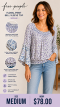 4 29 Free People Floral Bell Sleeve Peasant Top Medium Blue Lavender Boho