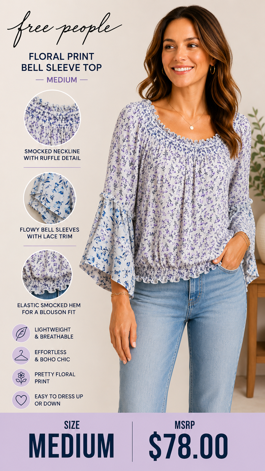 4 29 Free People Floral Bell Sleeve Peasant Top Medium Blue Lavender Boho