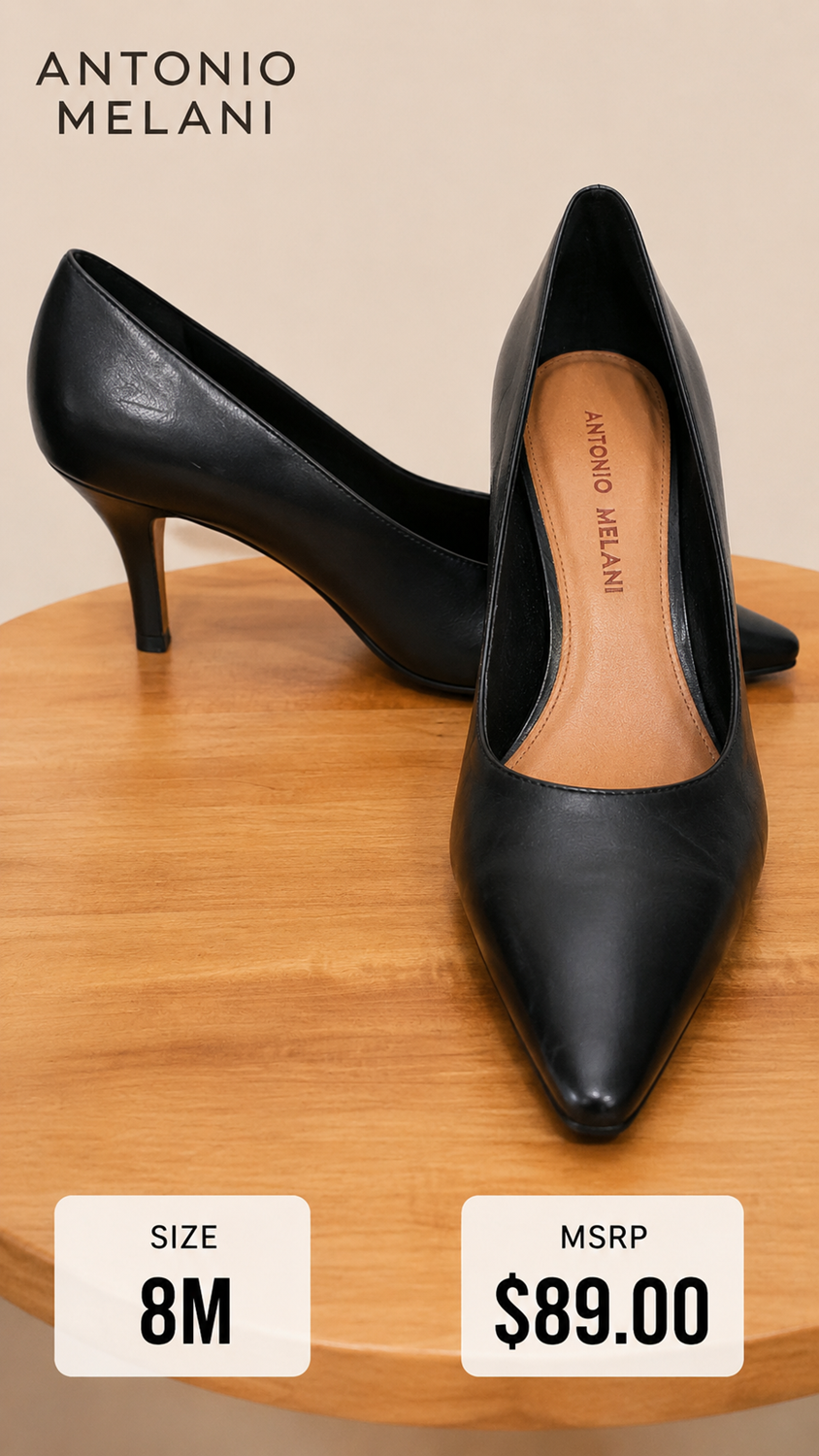6 44 Antonio Melani Black Leather Pointed Toe Pumps Heels Size 8M