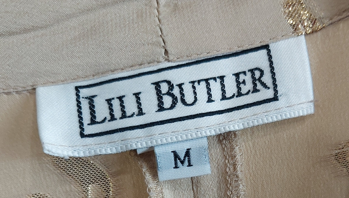 3 19 Lili Butler Size M Womens Blouse Beige Gold Floral Surplice Front