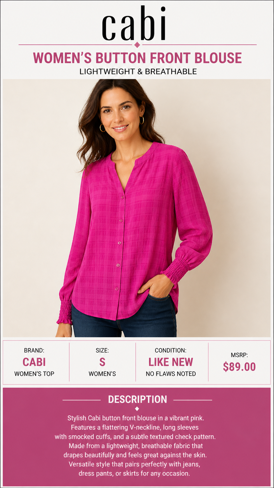 1 51 Cabi Vibrant Pink Light Weight L Sleeve Button Front Blouse Size Small