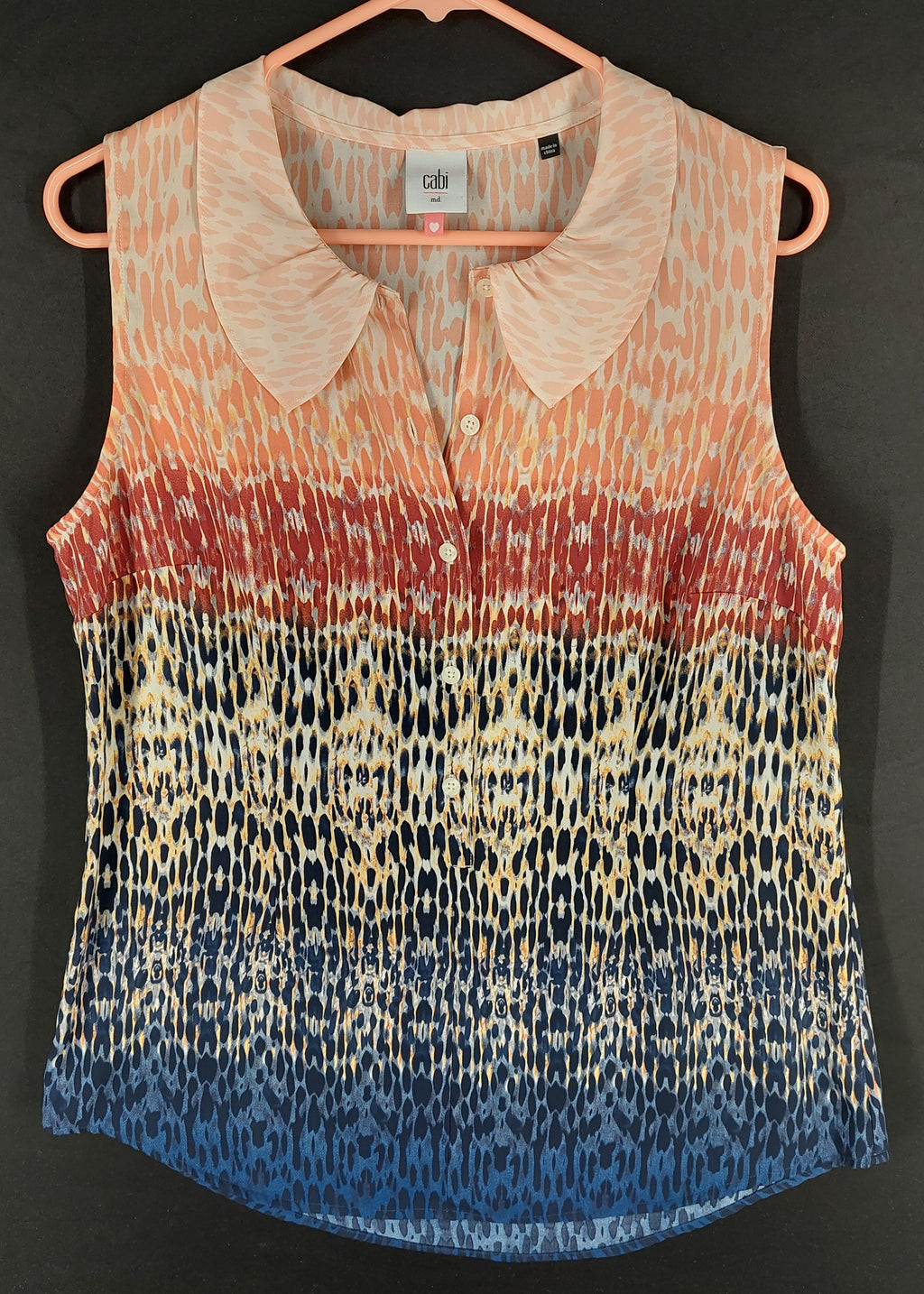 9-45 CAbi Medium Sleeveless Button Front Blouse Multicolor Abstract Print Collar