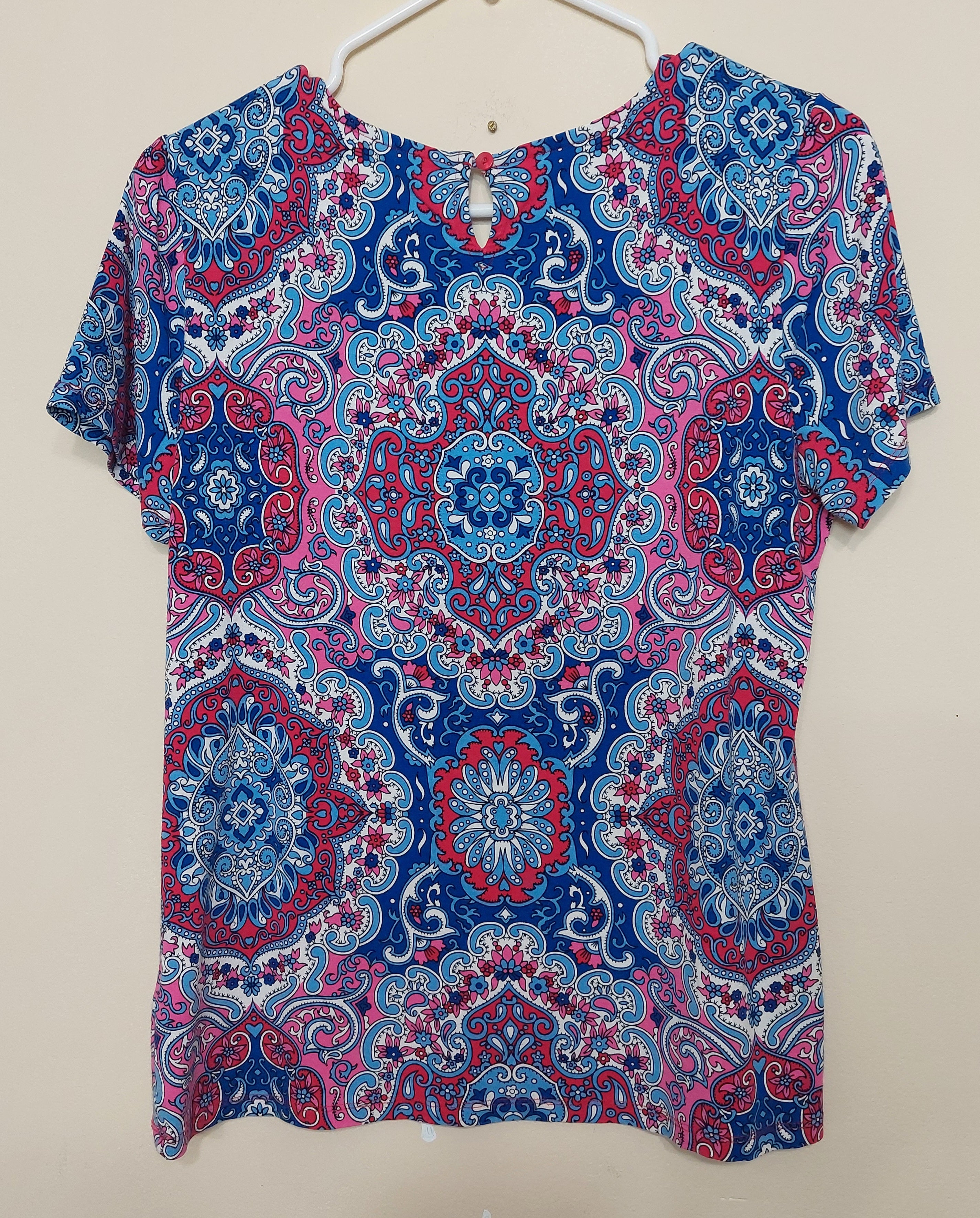 7 45 Talbots Small Petite Blue Pink Paisley Short Sleeve Top