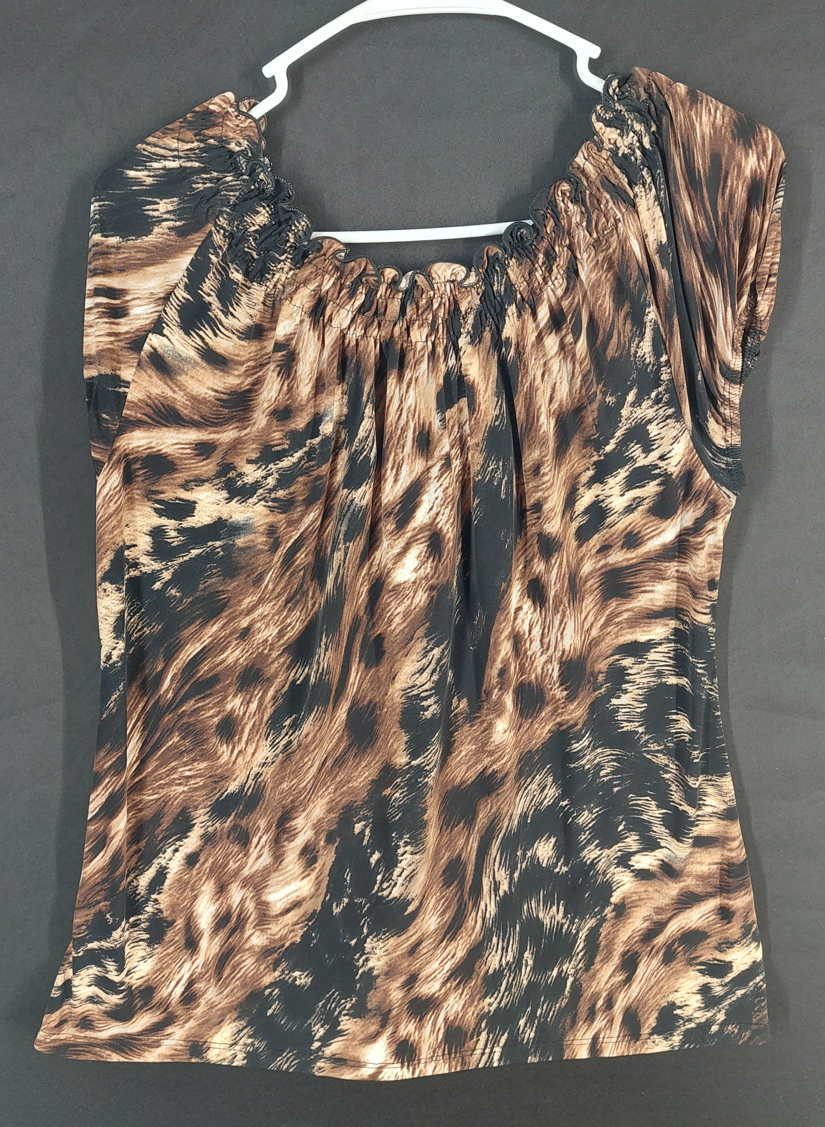 8-45 Carol Rose XL Brown Black Animal Print Ruched Puff Sleeve Top