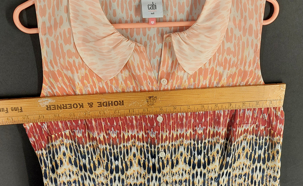 9-45 CAbi Medium Sleeveless Button Front Blouse Multicolor Abstract Print Collar