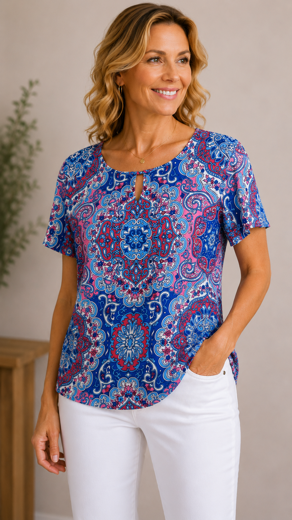 7 45 Talbots Small Petite Blue Pink Paisley Short Sleeve Top