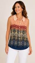 9-45 CAbi Medium Sleeveless Button Front Blouse Multicolor Abstract Print Collar