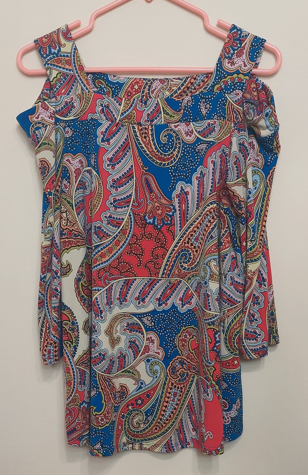 4 34 Chicos Size 1 Paisley Cold Shoulder Bell Sleeve Top Blue Coral Cream Boho Chic