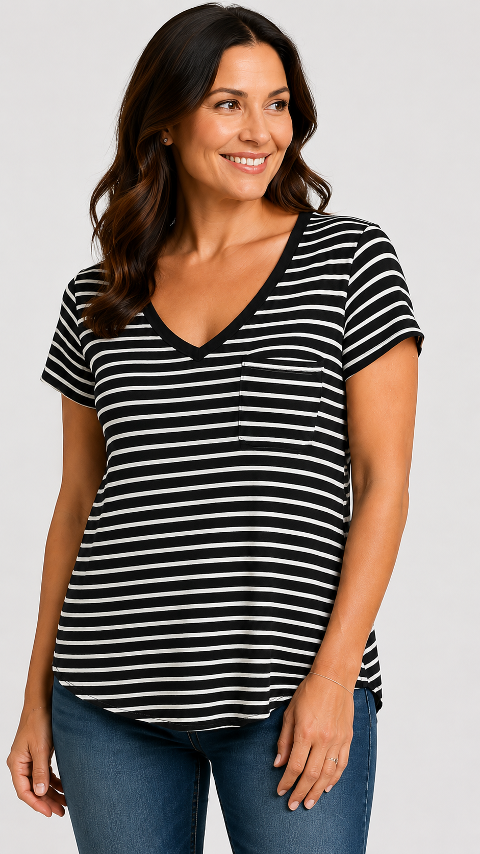 8 46 Cable & Gauge M Black White Striped V-Neck Short Sleeve Pocket Top