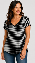 8 46 Cable & Gauge M Black White Striped V-Neck Short Sleeve Pocket Top