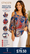 4 34 Chicos Size 1 Paisley Cold Shoulder Bell Sleeve Top Blue Coral Cream Boho Chic