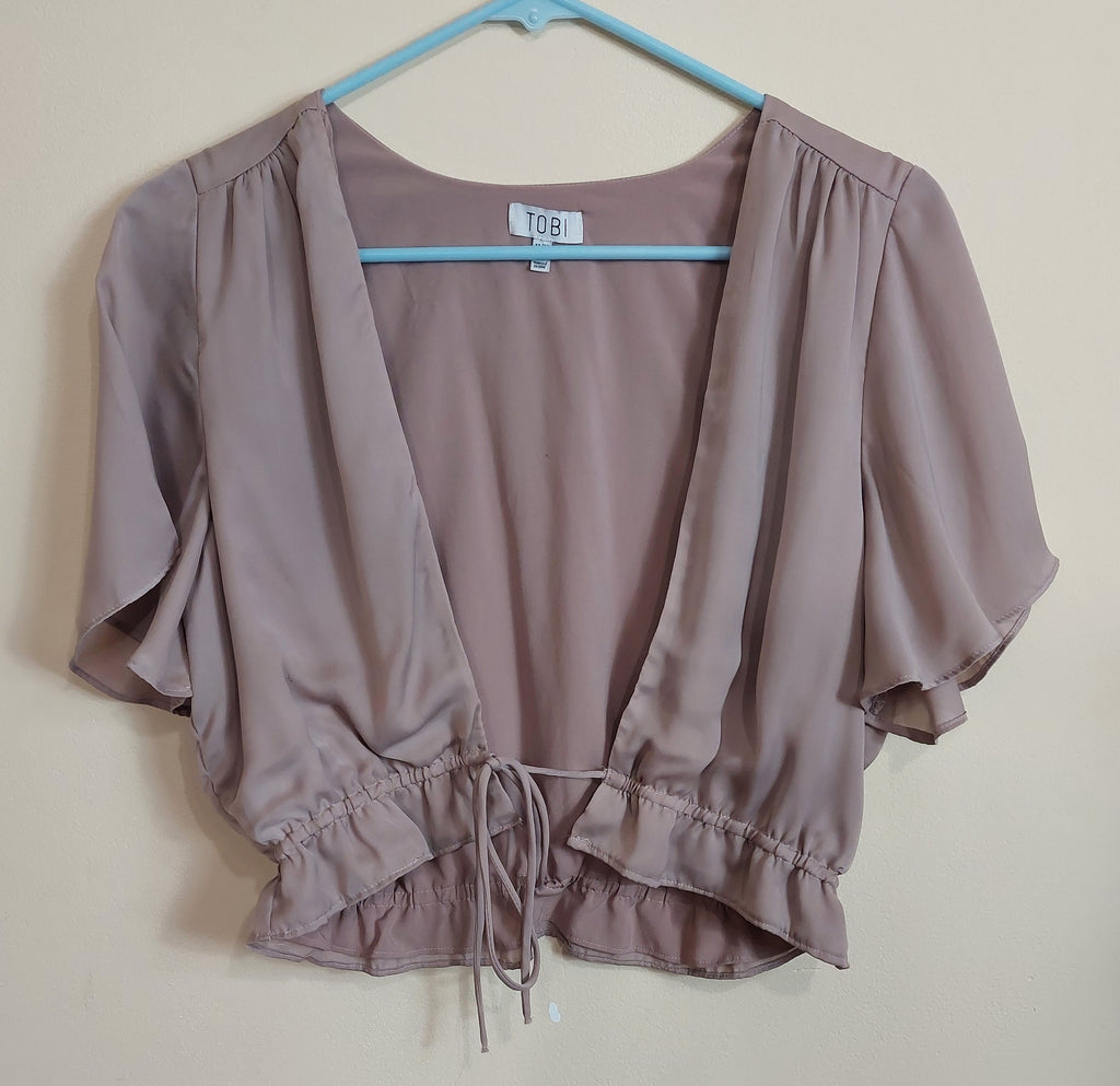 3 01 Tobi Medium Mauve Open Front Cover Up Flutter Sleeve Tie Waist