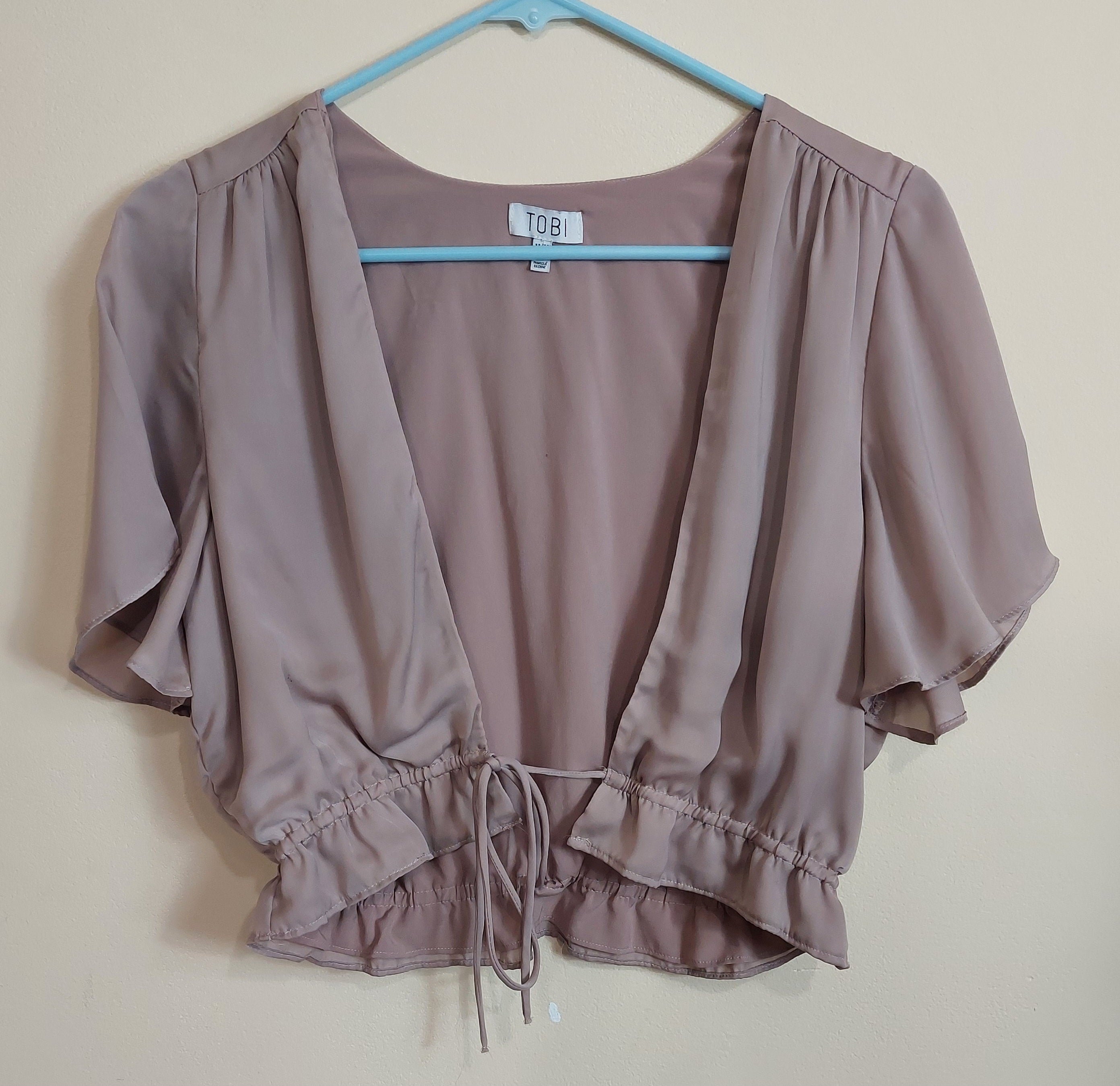 3 01 Tobi Medium Mauve Open Front Cover Up Flutter Sleeve Tie Waist