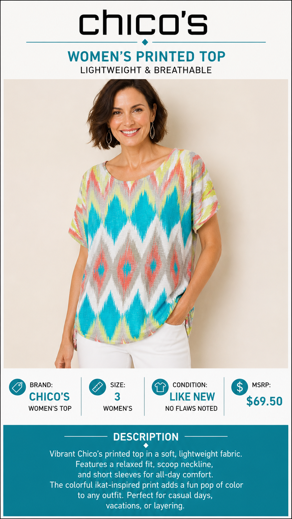 1 53 Chicos Ikat Print Design Mixed Color Top Size 3