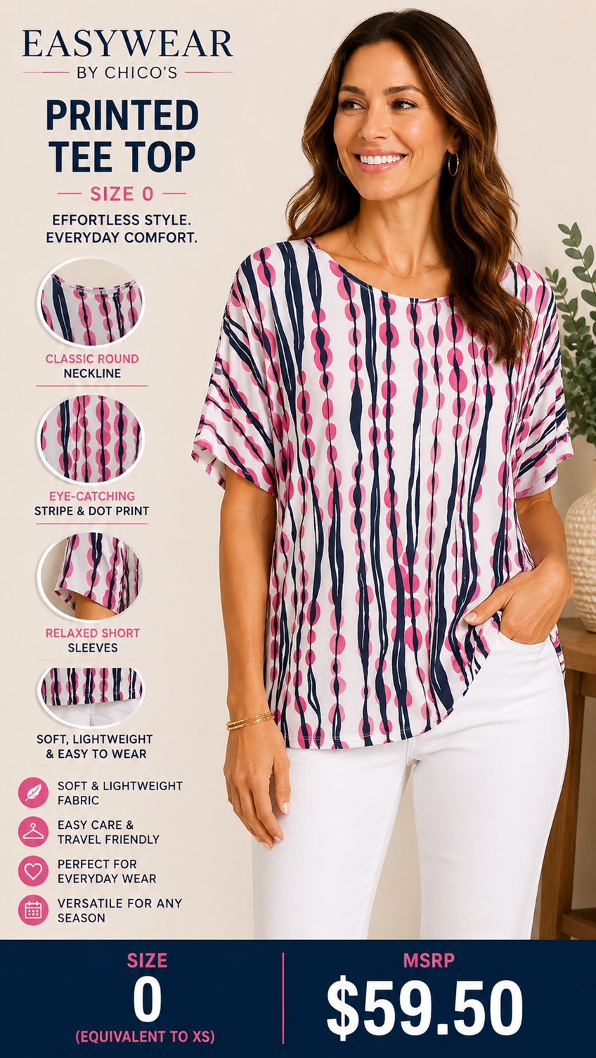 4 09 Easywear By Chicos Size 0 Pink Navy Abstract Dot Stripe Print Top Lightweight Stretch