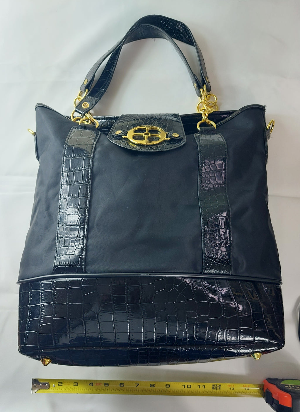 2 17 MAN Black Tote Bag Croc-Embossed Faux Leather Gold hardware