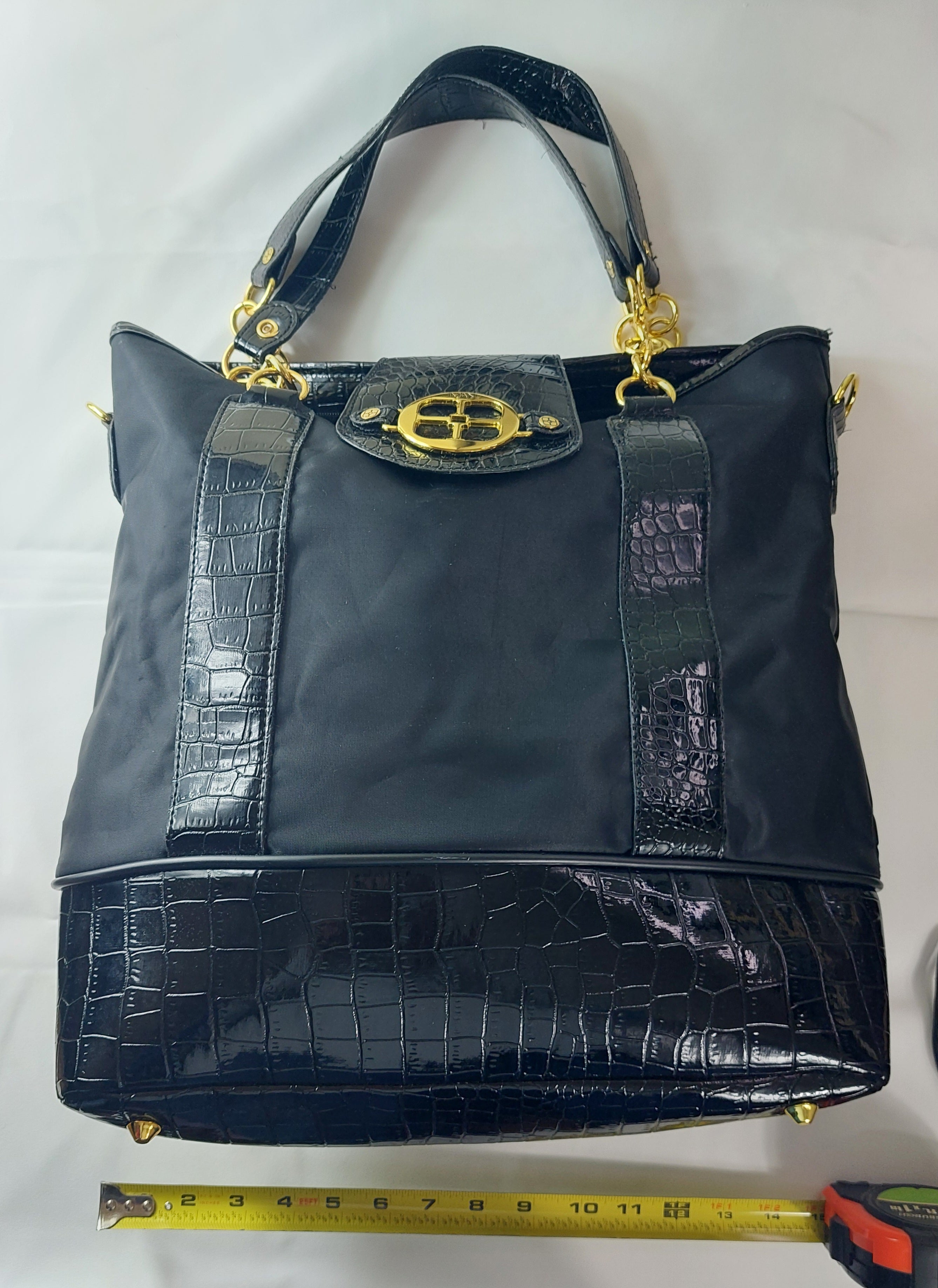 2 17 MAN Black Tote Bag Croc-Embossed Faux Leather Gold hardware