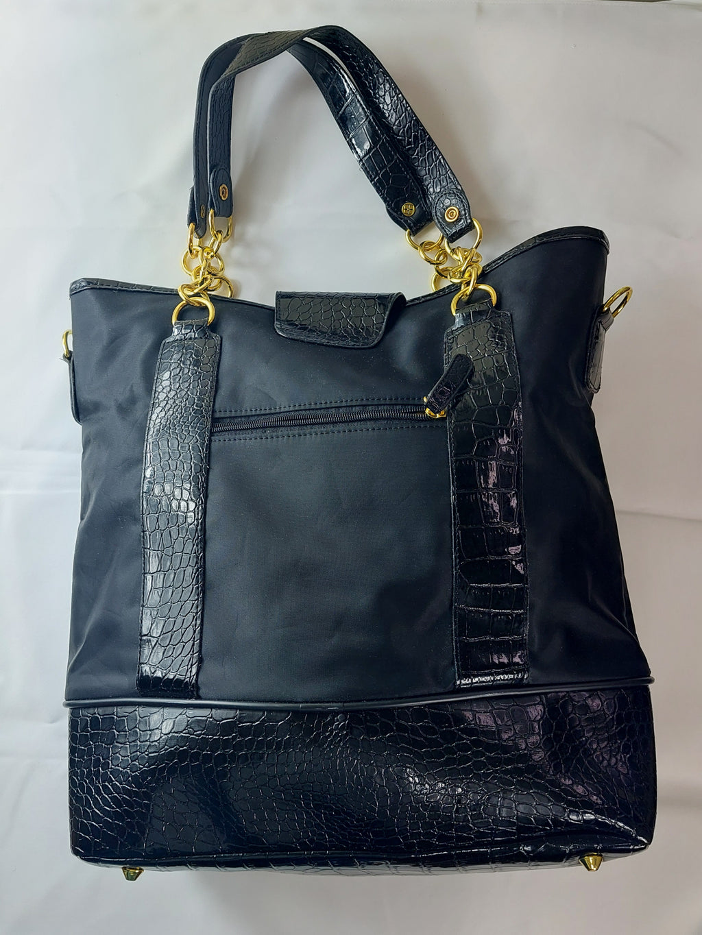 2 17 MAN Black Tote Bag Croc-Embossed Faux Leather Gold hardware