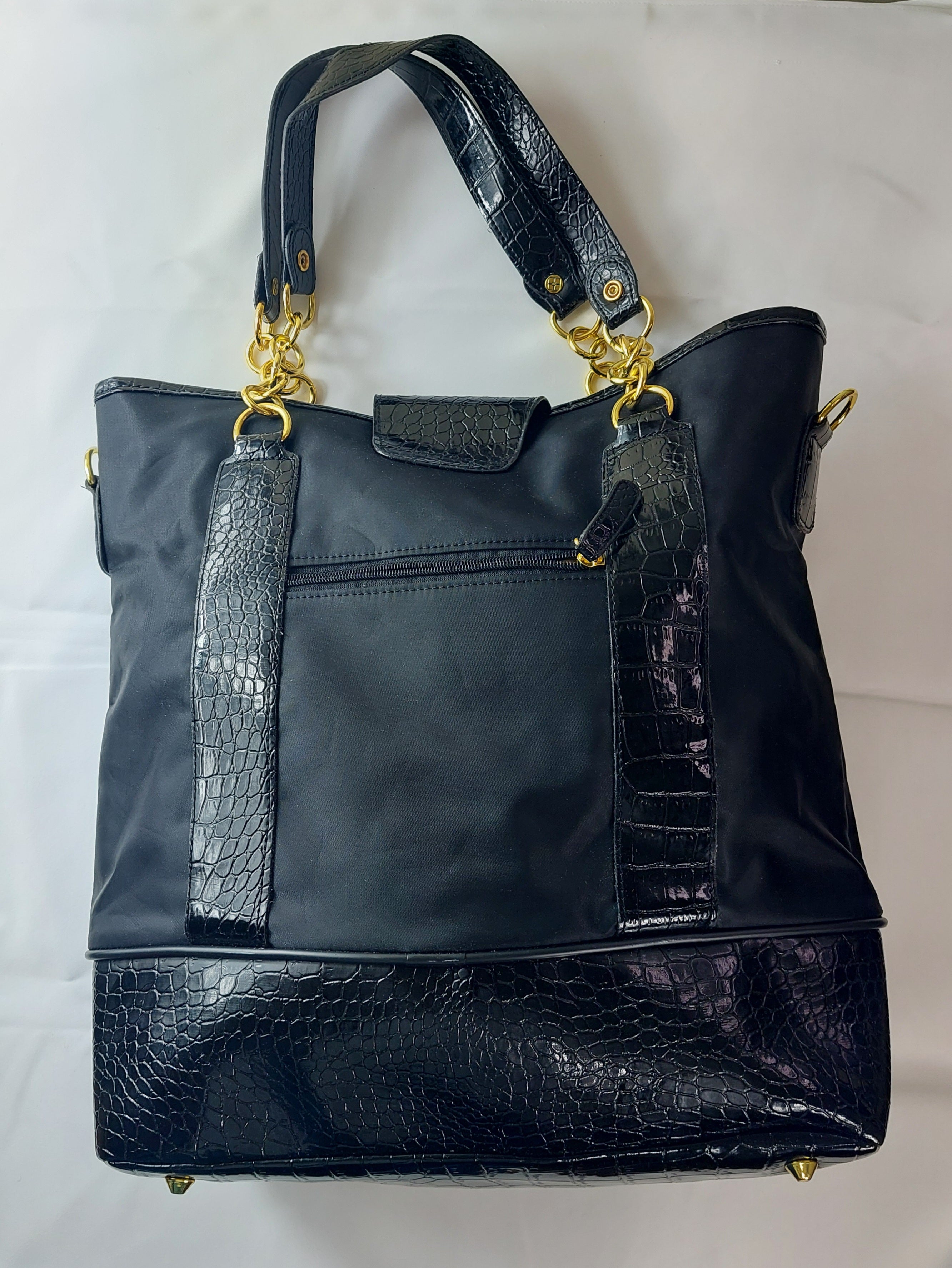 2 17 MAN Black Tote Bag Croc-Embossed Faux Leather Gold hardware