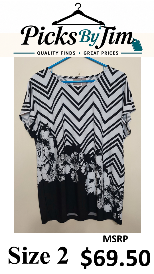 7 48 Chicos Size 2 Black White Chevron Floral Tunic Top