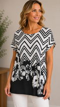 7 48 Chicos Size 2 Black White Chevron Floral Tunic Top