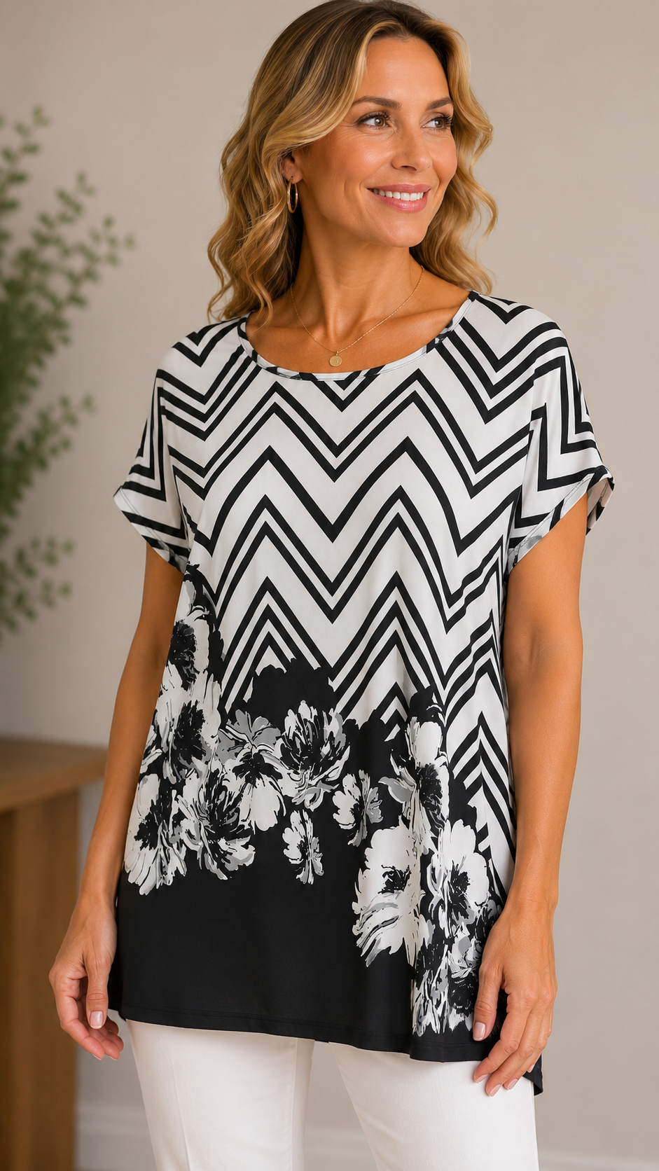 7 48 Chicos Size 2 Black White Chevron Floral Tunic Top