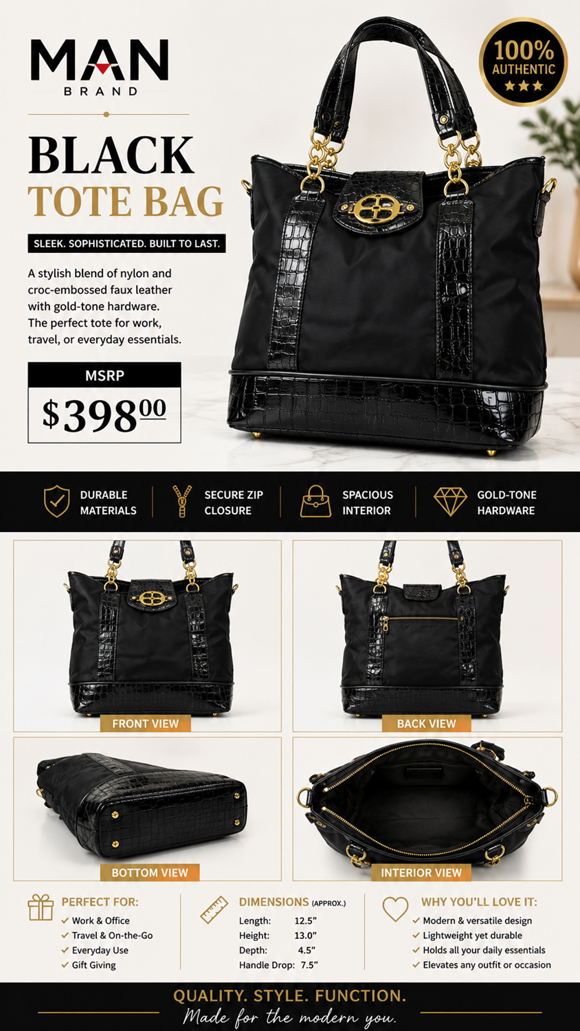 2 17 MAN Black Tote Bag Croc-Embossed Faux Leather Gold hardware