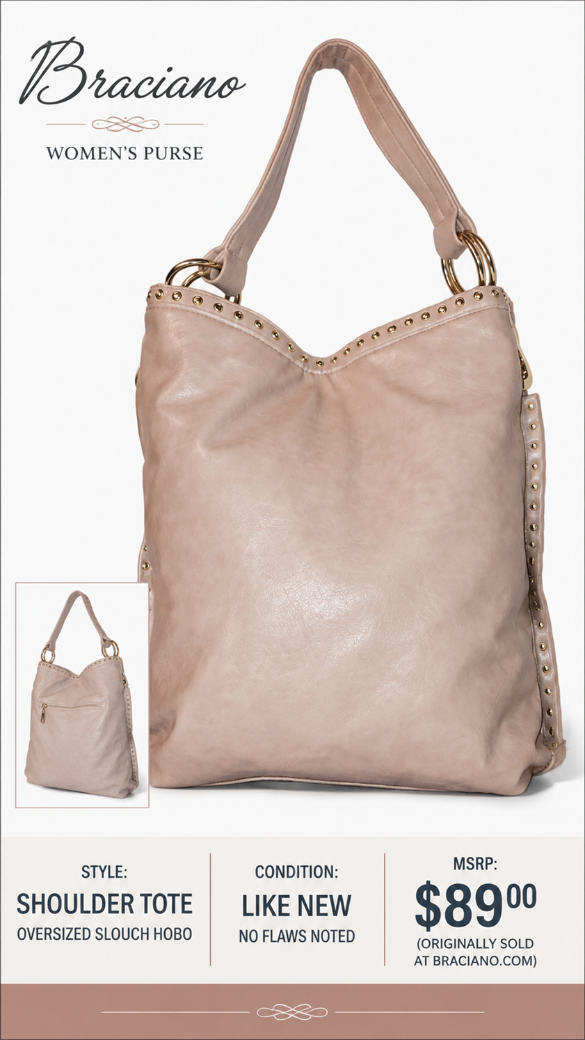 3 23 Braciano One Size Shoulder Tote Bag Blush Pink Gold Studded Oversized Slouch Hobo