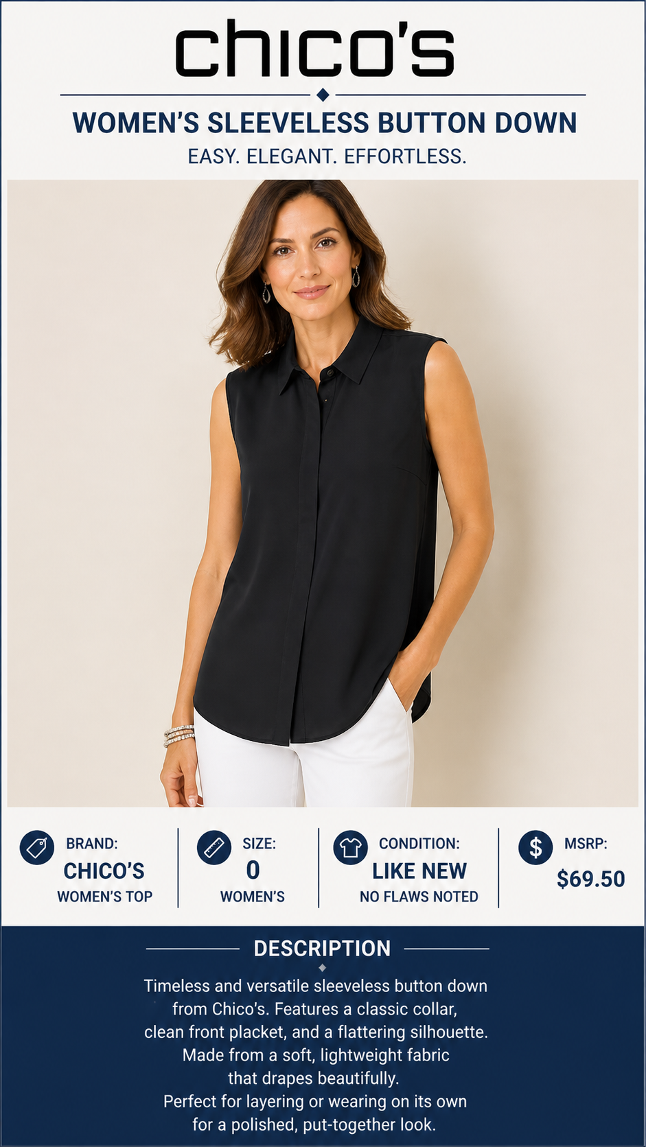 1 55 Chicos Button Up Sleeveless Top Black Size 0