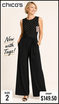 7 49 Chicos NWT Size 2 Black Gold Metallic Wide Leg Jumpsuit