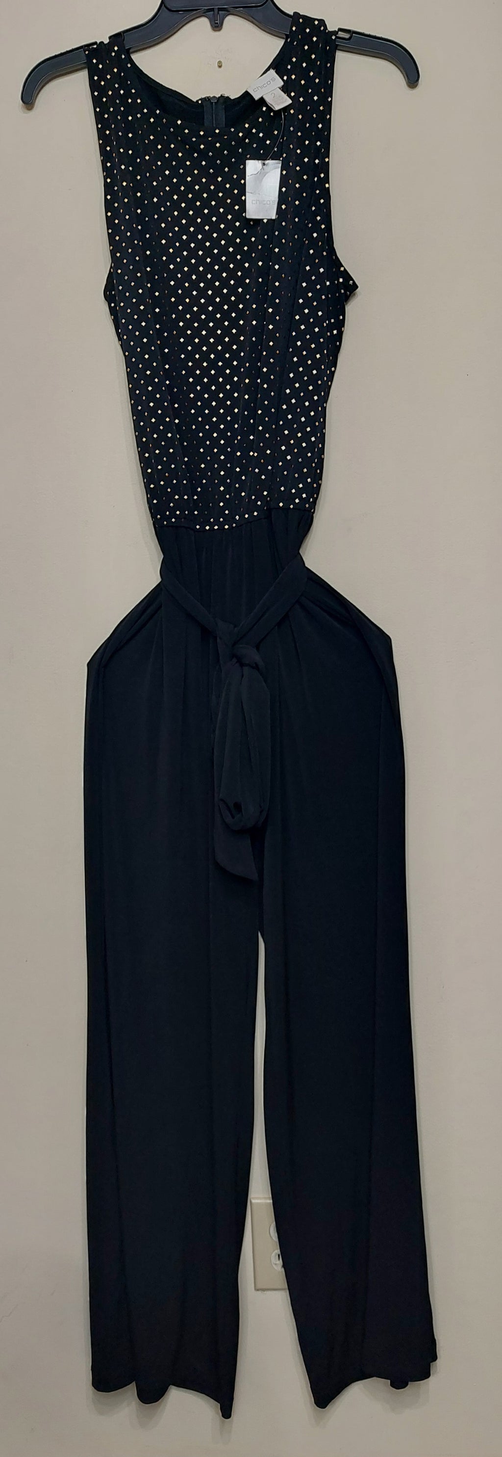 7 49 Chicos NWT Size 2 Black Gold Metallic Wide Leg Jumpsuit