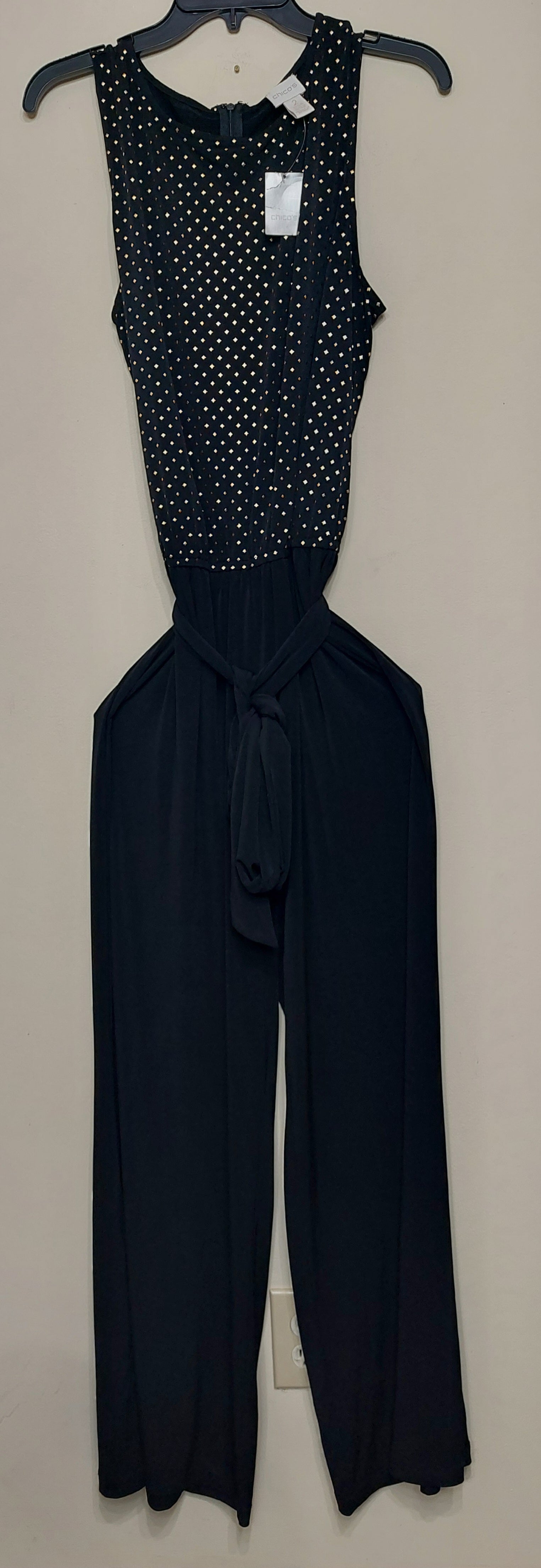 7 49 Chicos NWT Size 2 Black Gold Metallic Wide Leg Jumpsuit