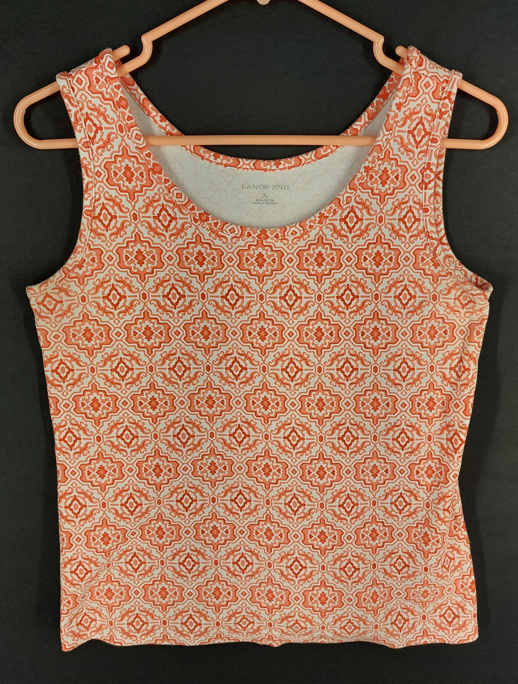 9-49 Lands' End Small  Women's Orange White Geometric Print Tank Top Sleeveless