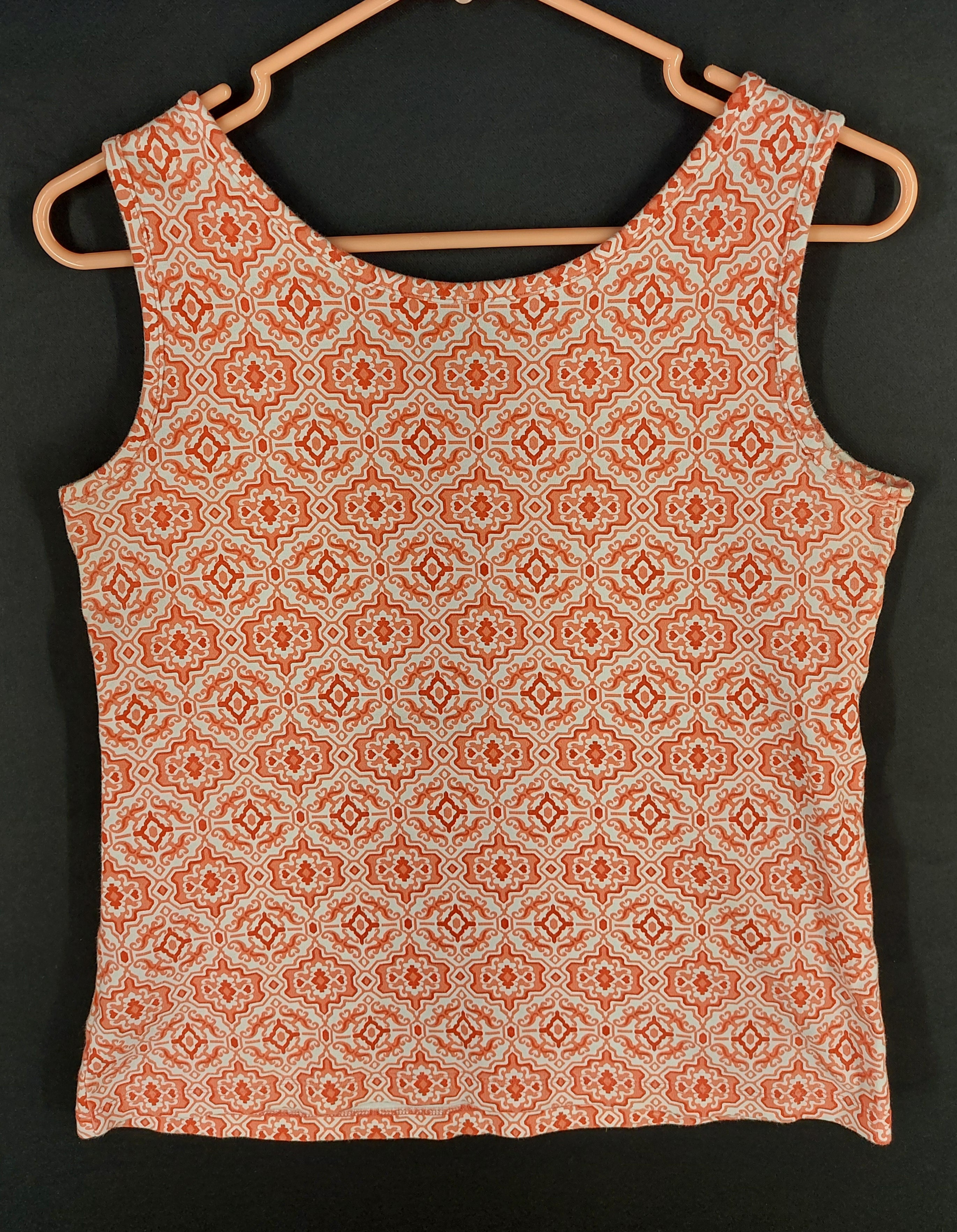 9-49 Lands' End Small  Women's Orange White Geometric Print Tank Top Sleeveless