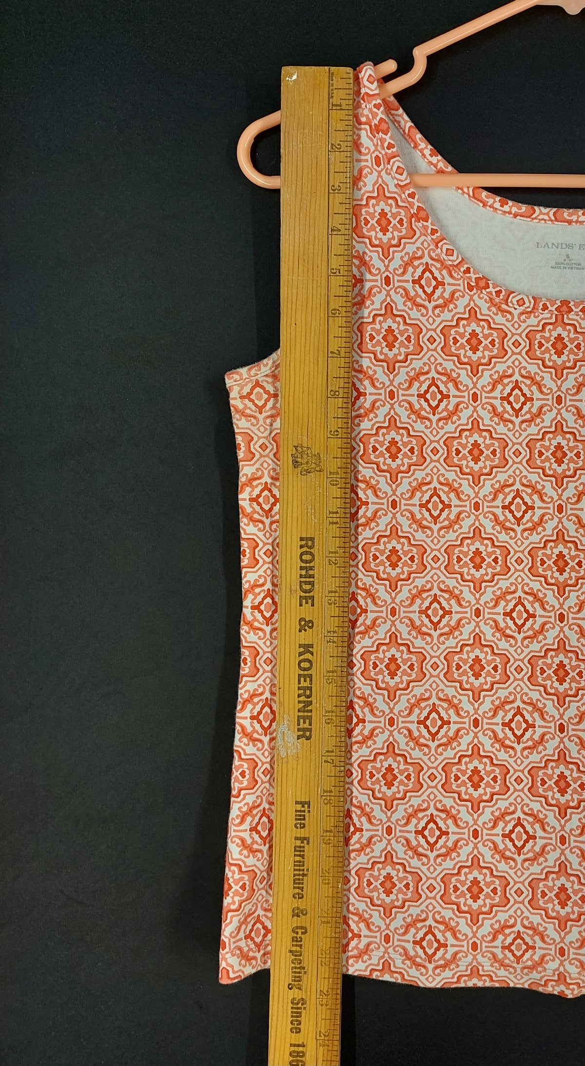 9-49 Lands' End Small  Women's Orange White Geometric Print Tank Top Sleeveless