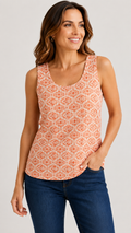 9-49 Lands' End Small  Women's Orange White Geometric Print Tank Top Sleeveless