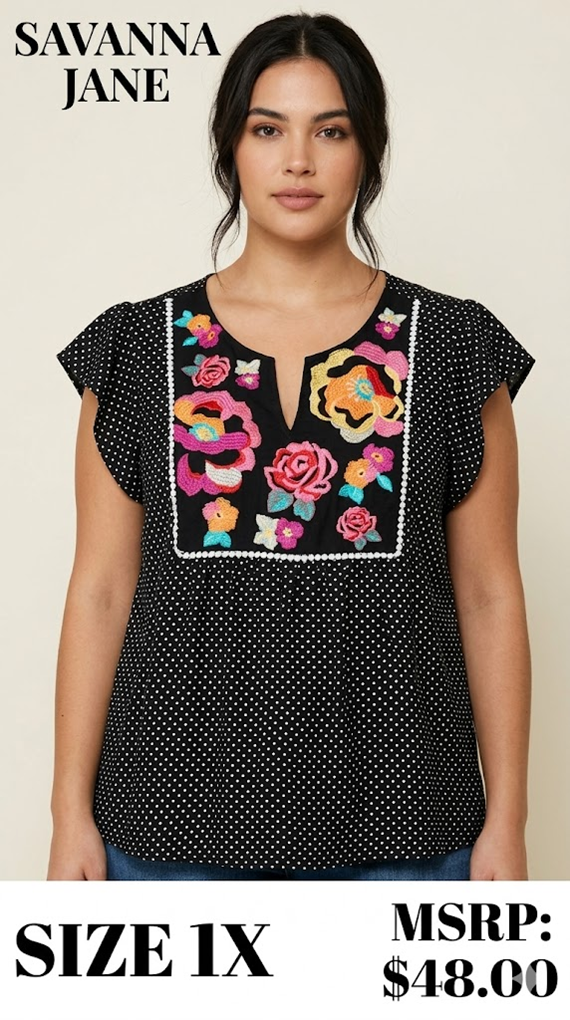 5 04 Savanna Jane Women's Blouse Plus 1X Boho Embroidere Polka Dot Cap Sleeve