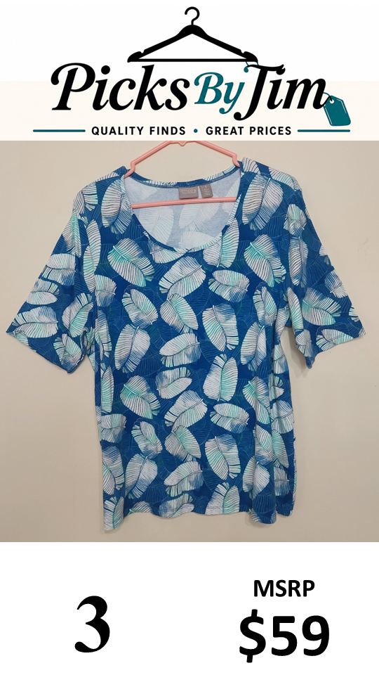 7 05 Chicos Size 3 Blue Tropical Leaf Print Top