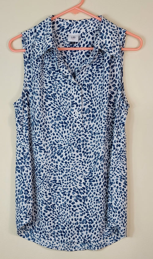 1 56 Cabi Split Neck Sleeveless Gray & Charcoal Spots on Off White Blouse Size Small
