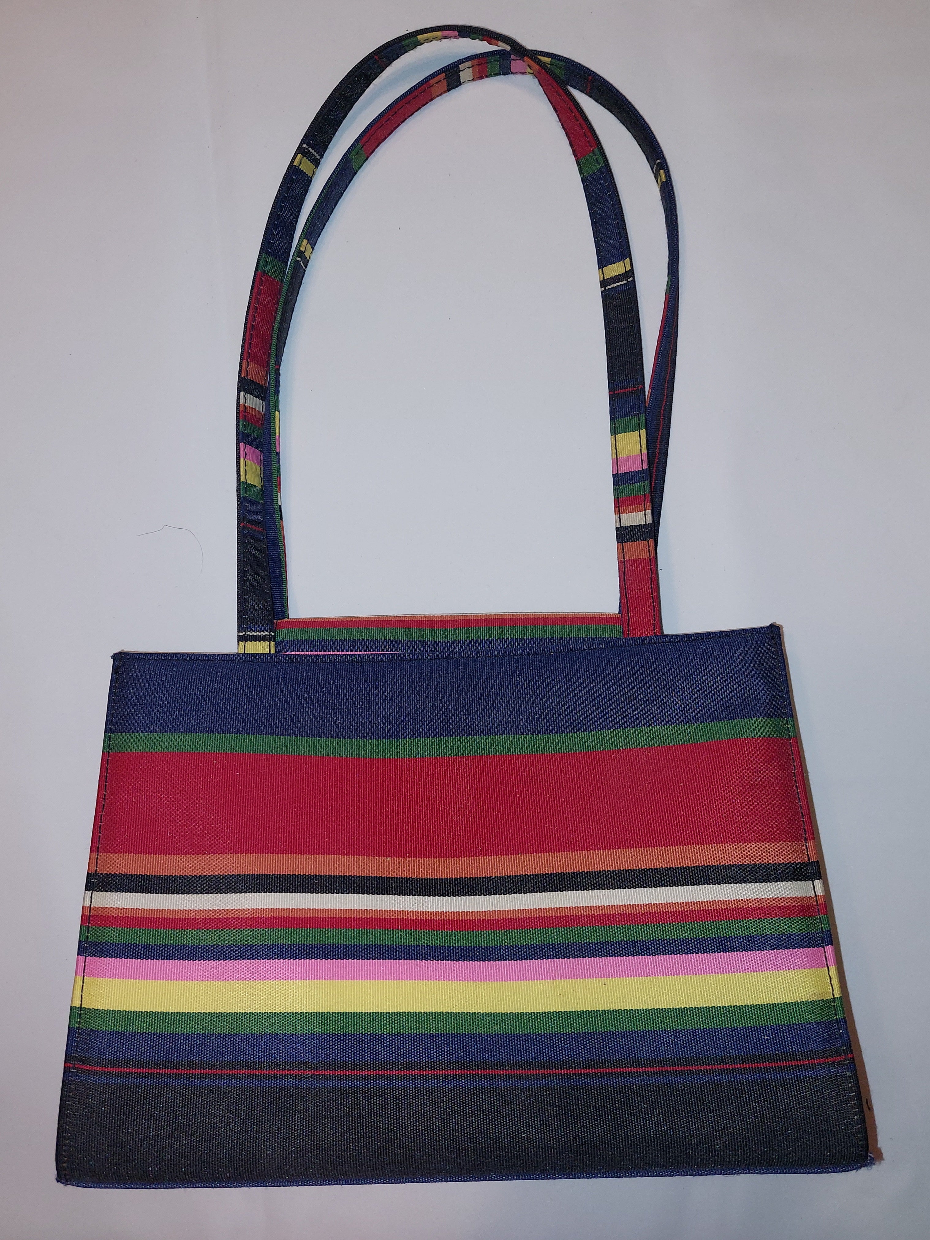 3 16 Brand Unknown Shoulder Purse Navy Blue Multi Color Stripe Colorful Canvas Tote Kate Spade Inspired Style