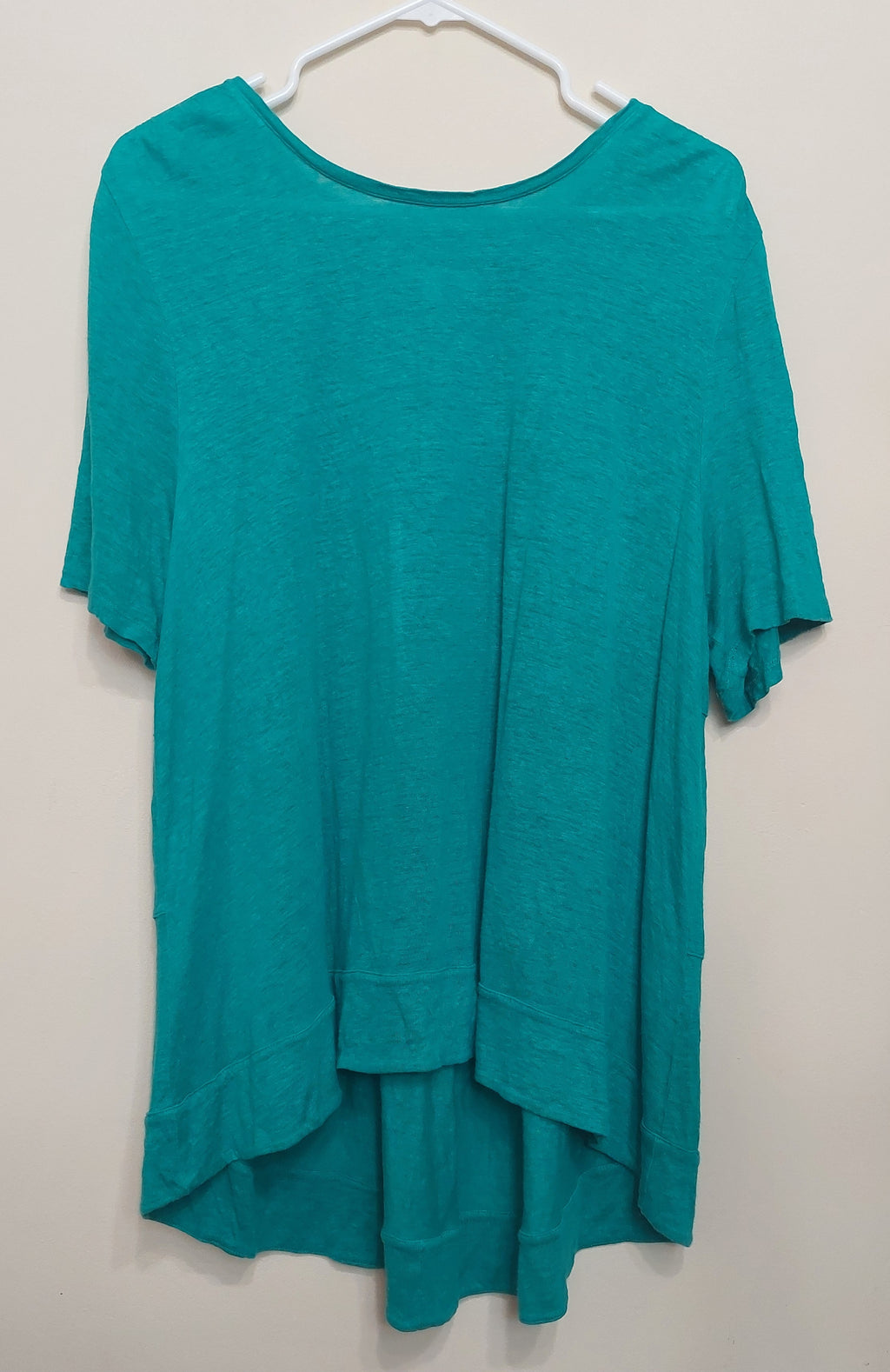 4 24 Chicos Size 3 XL Teal High Low Tunic Top Short Sleeve Stretch Knit