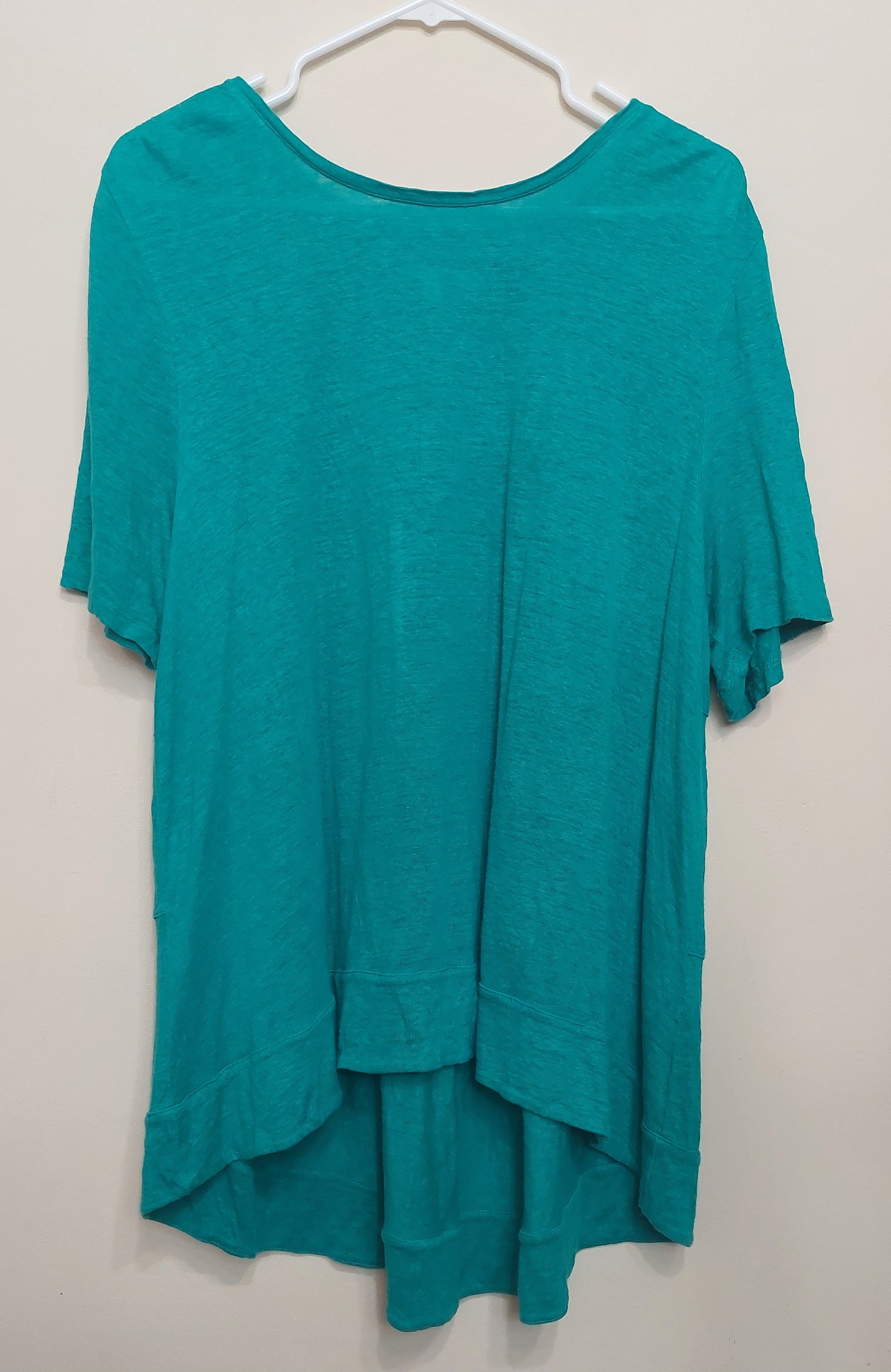 4 24 Chicos Size 3 XL Teal High Low Tunic Top Short Sleeve Stretch Knit