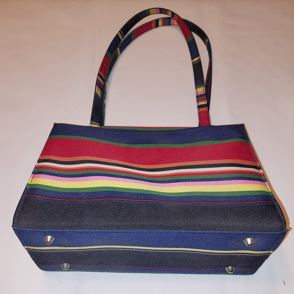 3 16 Brand Unknown Shoulder Purse Navy Blue Multi Color Stripe Colorful Canvas Tote Kate Spade Inspired Style