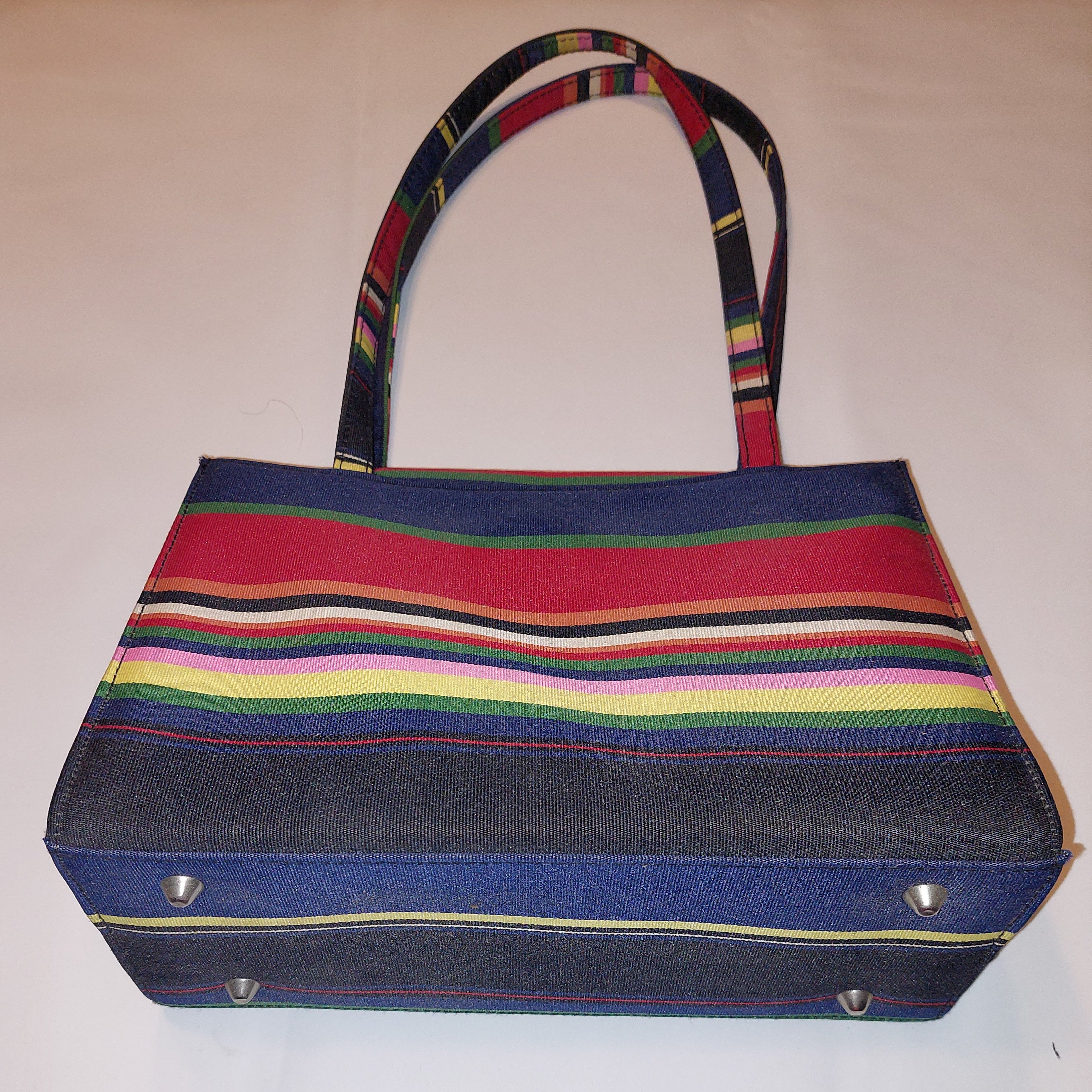 3 16 Brand Unknown Shoulder Purse Navy Blue Multi Color Stripe Colorful Canvas Tote Kate Spade Inspired Style