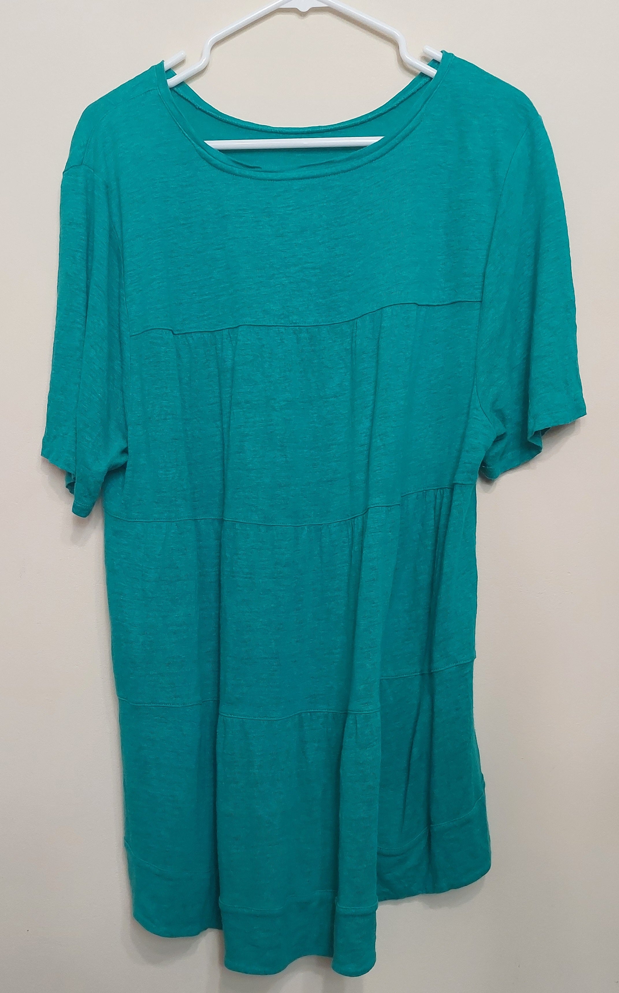 4 24 Chicos Size 3 XL Teal High Low Tunic Top Short Sleeve Stretch Knit