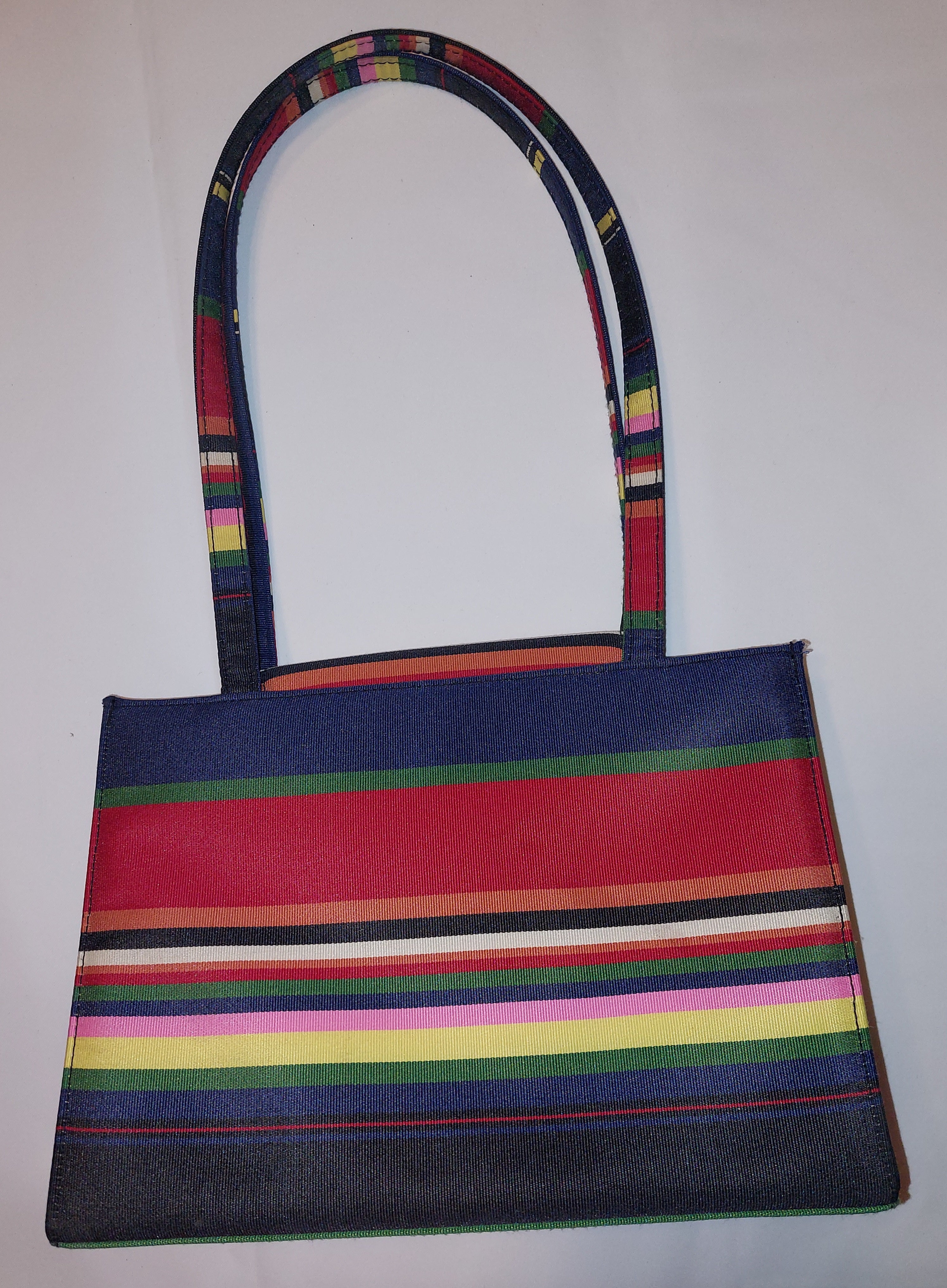 3 16 Brand Unknown Shoulder Purse Navy Blue Multi Color Stripe Colorful Canvas Tote Kate Spade Inspired Style