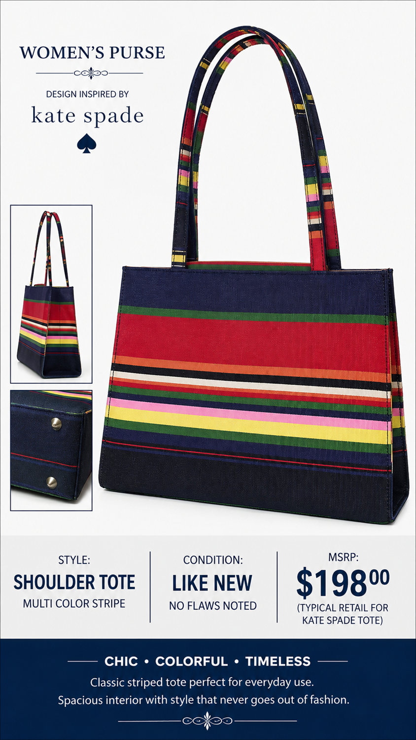 3 16 Brand Unknown Shoulder Purse Navy Blue Multi Color Stripe Colorful Canvas Tote Kate Spade Inspired Style