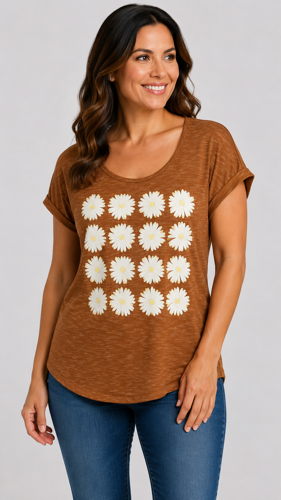 8-50 Rewind 1X Brown Daisy Graphic Short Sleeve Slub Knit Top Floral